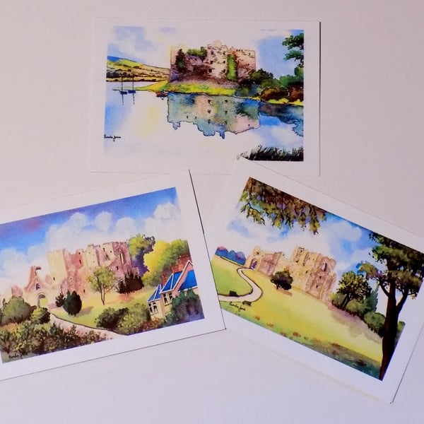 Art Greeting Cards,Welsh Castles, Set of 3, Carew Castle, Oystermouth Castle
