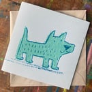fun dog card Minty on white by Jo Brown, happy tomato