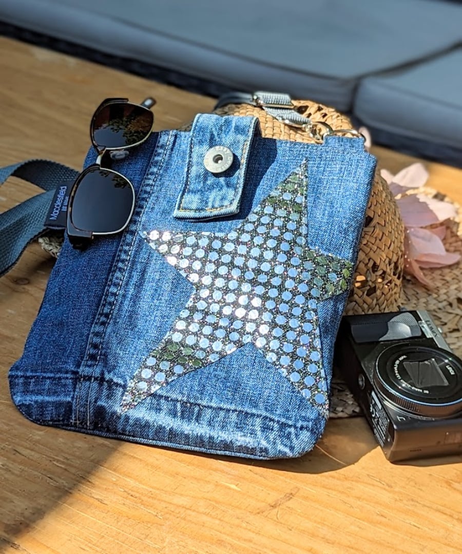 Recycled Denim Mini Cross Body Bag Silver Star