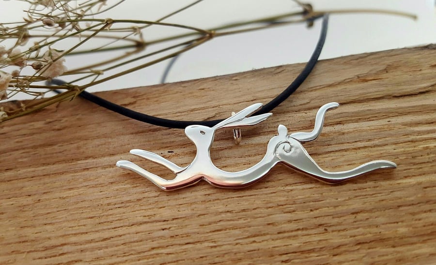 Silver leaping hare pendant -Eirian