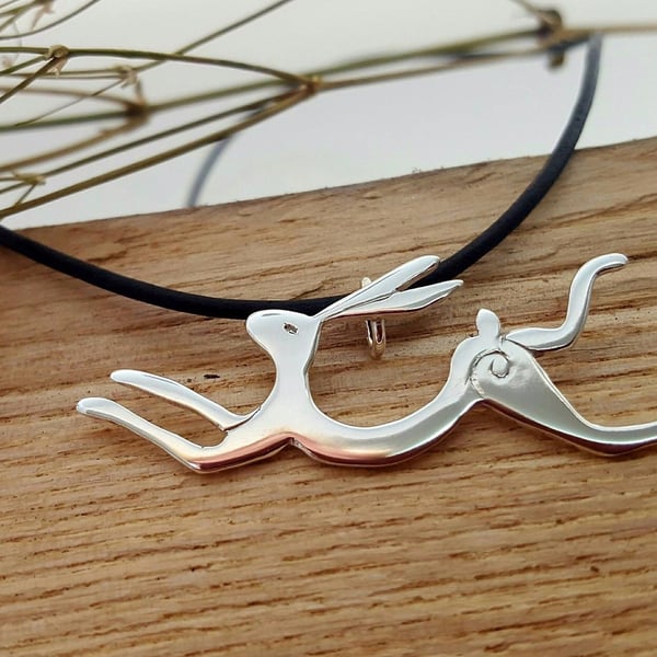 Silver leaping hare pendant -Eirian