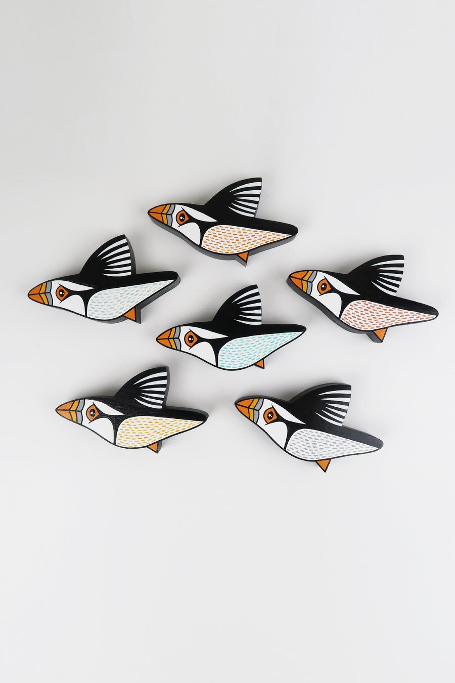 Puffin wall art, miniature bird artwork, hand painted wooden bird decoration.