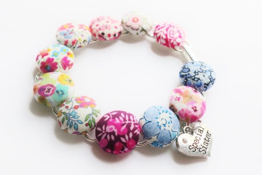 Liberty London Mix Fabric Button Bracelet. Mother's Day Special Sister Thank you
