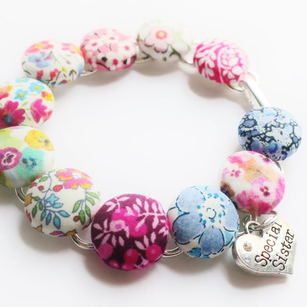 Liberty London Mix Fabric Button Bracelet. Mother's Day Special Sister Thank you