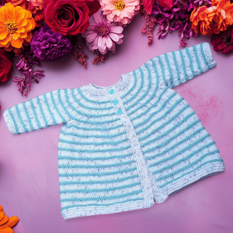 Hand Knitted Baby Cardigan in White with Green Stripes, 0-3 Months, Baby Gift