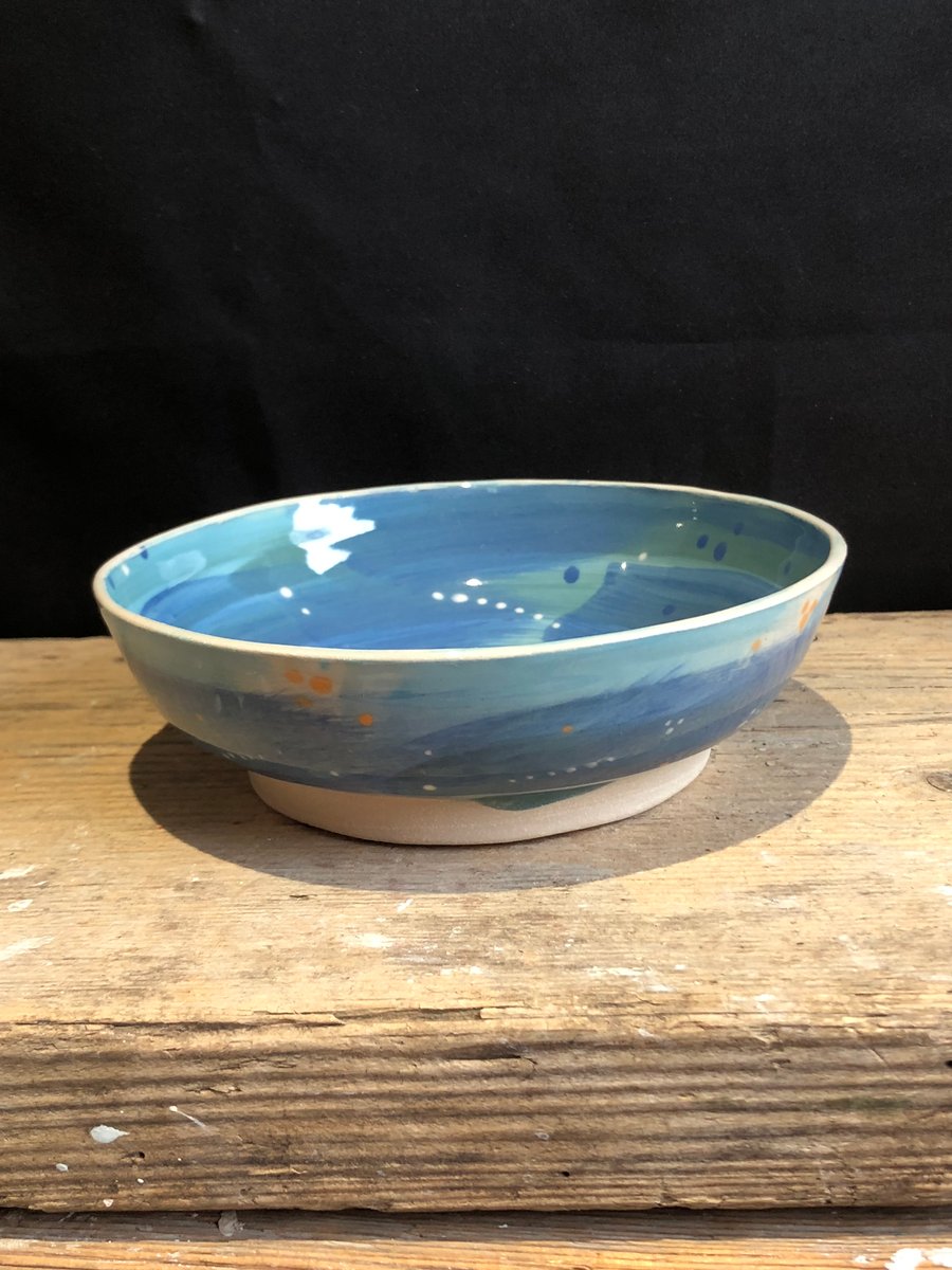 Stoneware blue 'summer waves' shallow bowl