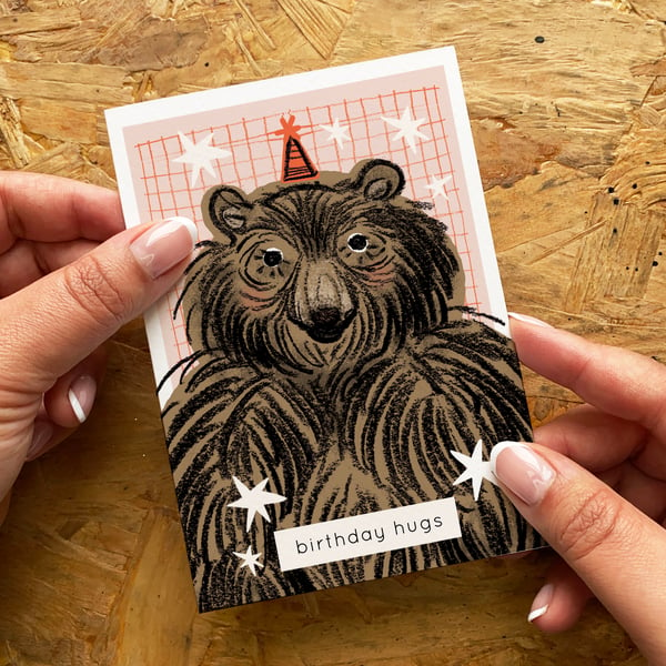 Birthday Hugs Card - Party Hat Bear, Cute Animal Birthday Card