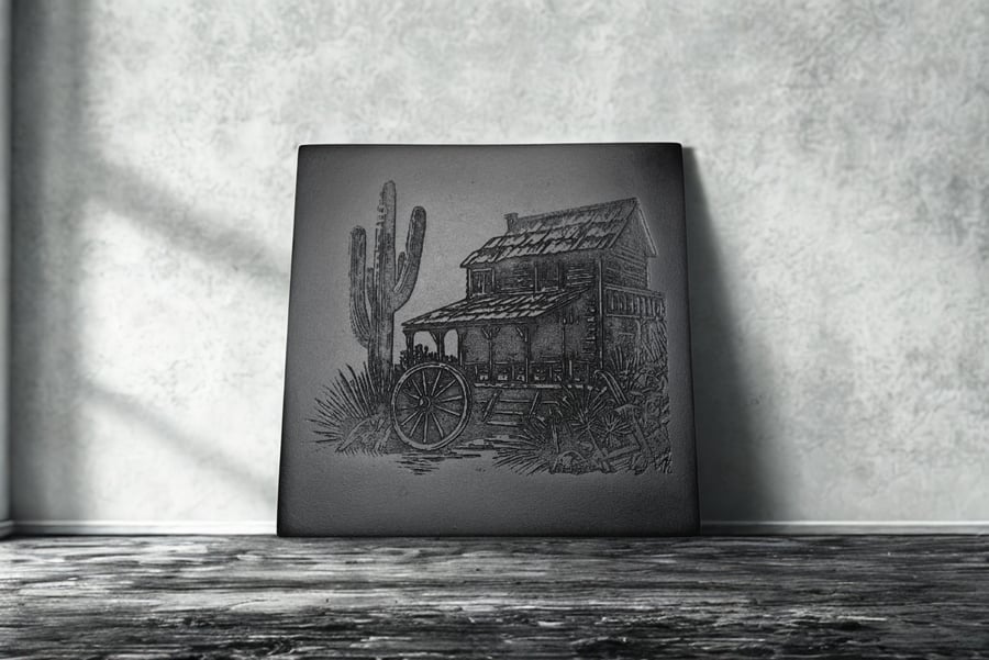 Handcrafted Coaster with Engraved Countryside House – Rustic Decoration