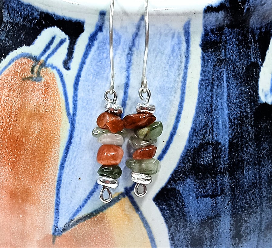 Tourmaline in Quartz and Carnelian Gemstone Earrings (ERGSDGMC1) - UK Free Post