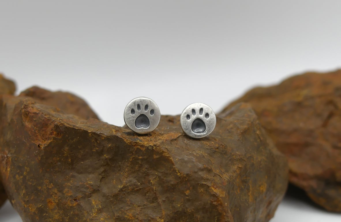 Recycled Sterling Silver Pawprint Stud Earrings with a Black Patina.