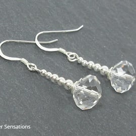 Faceted Clear Rock Crystal Rondelle & Sterling Silver Drop Earrings