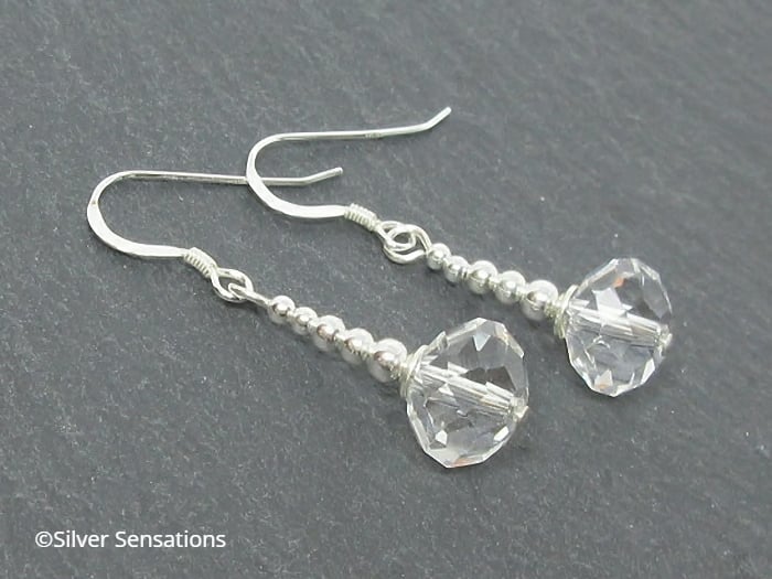 Faceted Clear Crystal Rondelle Beads & Sterling Silver Drop Earrings