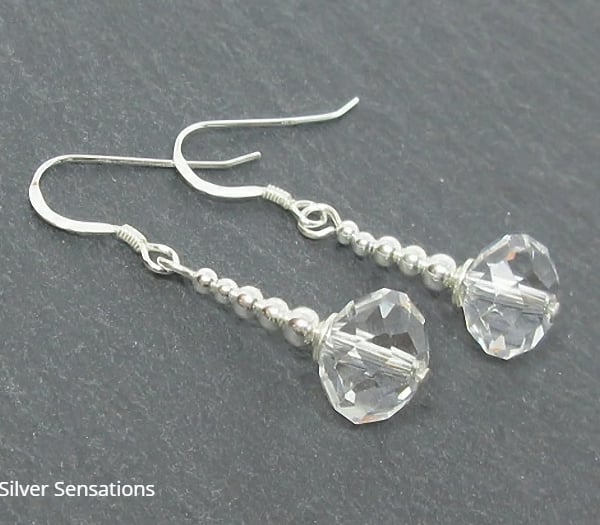 Faceted Clear Crystal Rondelle Beads & Sterling Silver Drop Earrings