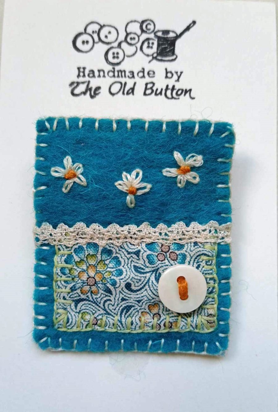Brooch, wool felt hand sewn with applique and embroidery