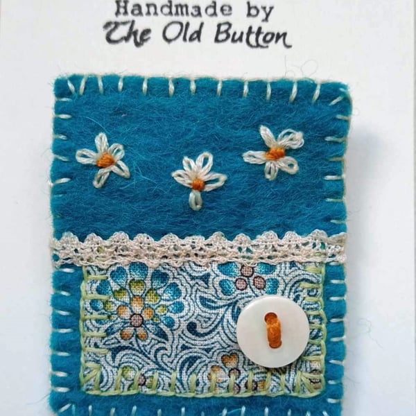 Brooch, wool felt hand sewn with applique and embroidery