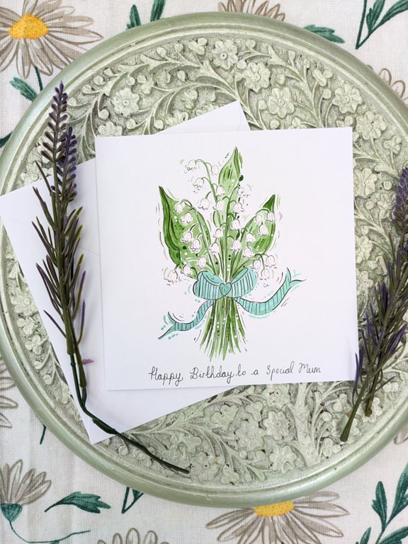 Lily of the valley "Mum" hand-painted Birthday card