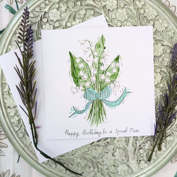 Lily of the valley "Mum" hand-painted Birthday card