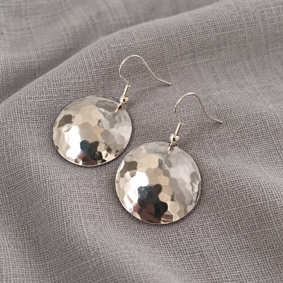 Image of Silver Disk Earrings Aluminium, Hammered Texture Statement Drop Earrings
