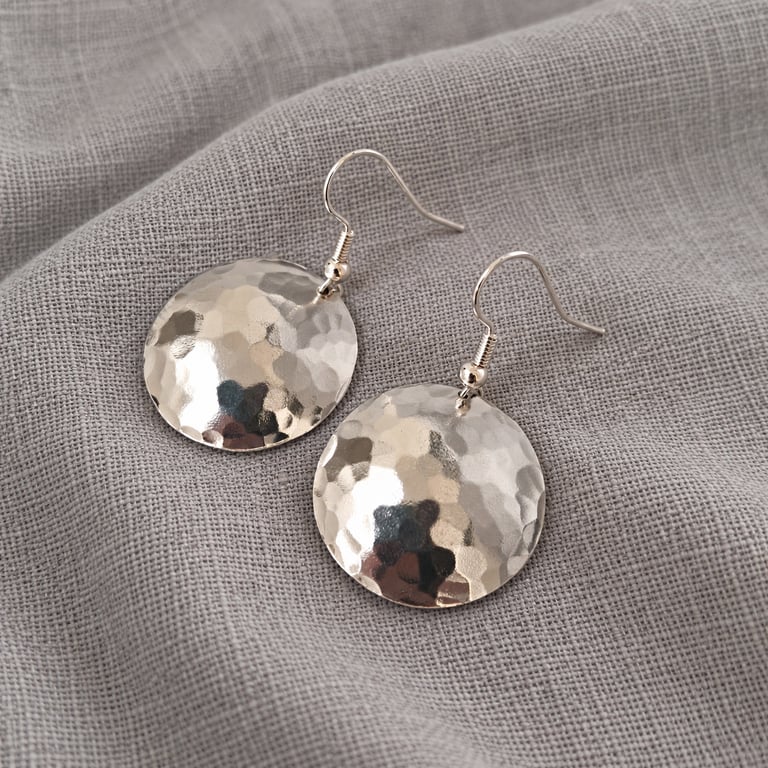 Silver Disk Earrings Aluminium, Hammered Texture Statement Drop Earrings