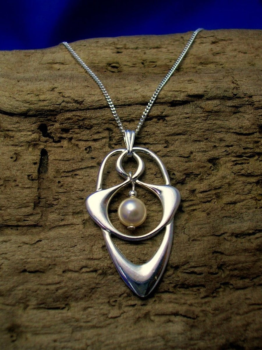 Silver and pearl Art Nouveau pendant, Sterling silver and pearl Celtic Necklace.