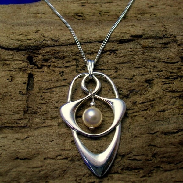 Silver and pearl Art Nouveau pendant, Sterling silver and pearl Celtic Necklace.