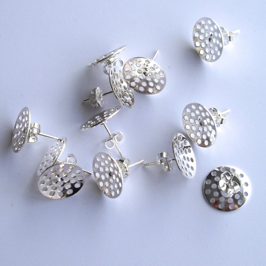12 x 14 mm Silver Plated Stud Sieve Earring Bases (6 pairs)