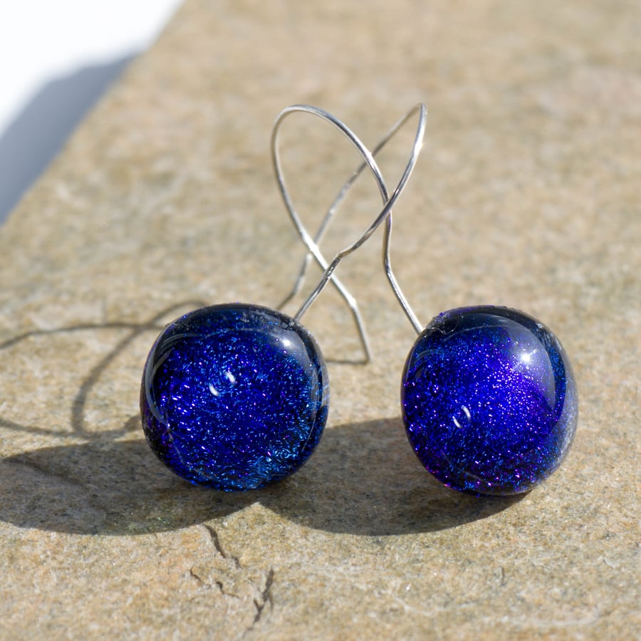 Sparkly Blue Dichroic Glass Earrings on Sterling Silver Wires - 2093