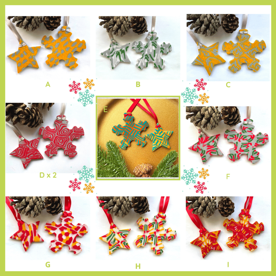 Snowflake & Star Christmas Tree Ornaments - Festive Clay Christmas Decorations