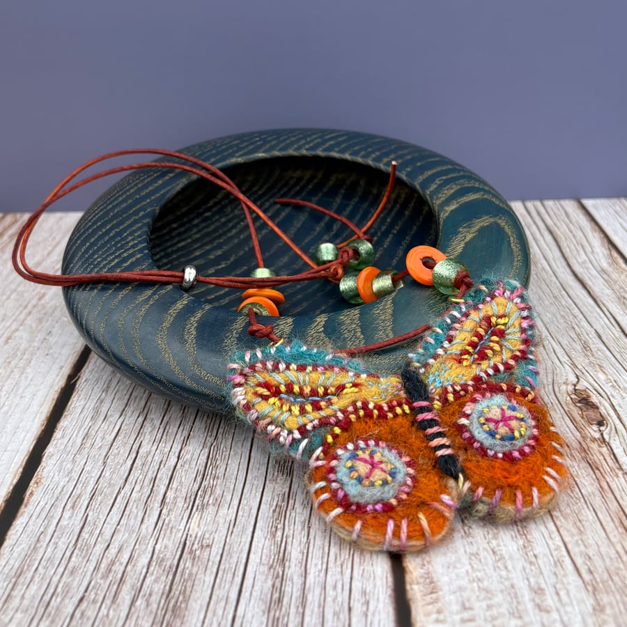 Bead and Felted Butterfly BoHo style Necklace - Orange and Blue Butterfly