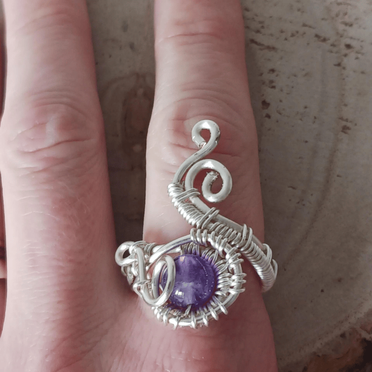 Amethyst Wire Work Adjustable Ring with Silver-Tone Wire