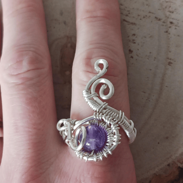 Amethyst Wire Work Adjustable Ring with Silver-Tone Wire