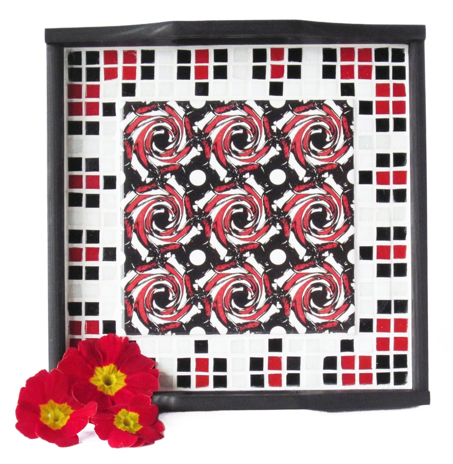 Oriental Inspired Tile and Mosaic Wooden Tray in Red Black and White