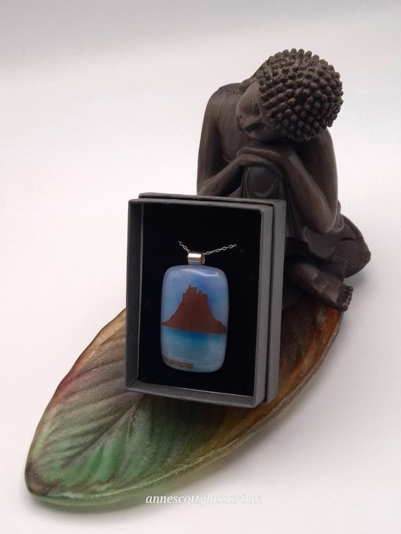 Holy Island on Blue, Fused Glass Pendant with Sterling Silver Findings
