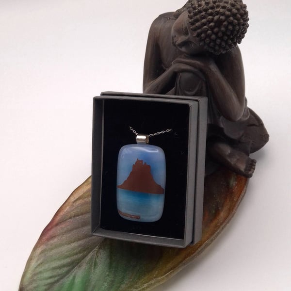 Holy Island on Blue, Fused Glass Pendant with Sterling Silver Findings