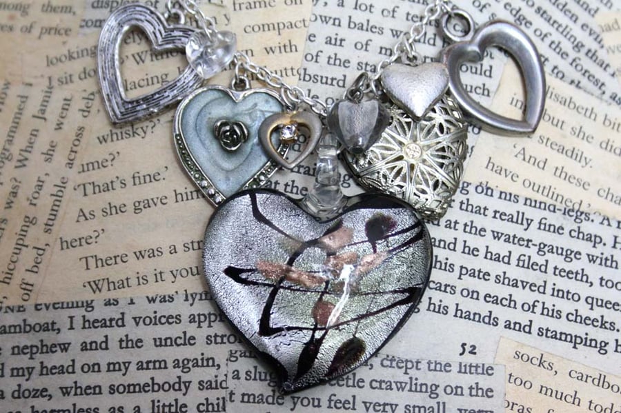 Heart Charm Locket Statement Silver Necklace
