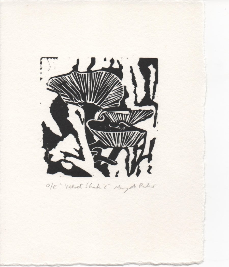 Original fungus linocut print Velvet Shank 2 