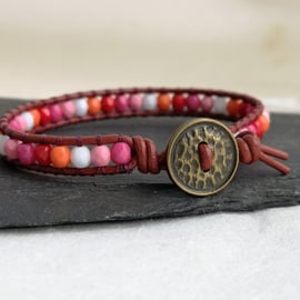 Lesbian flag coloured bead and leather bracelet, LGBTQ