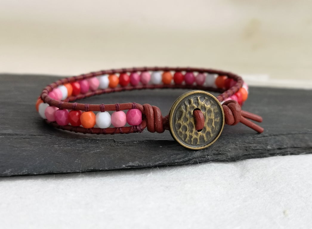 Lesbian flag coloured bead and leather bracelet, LGBTQ