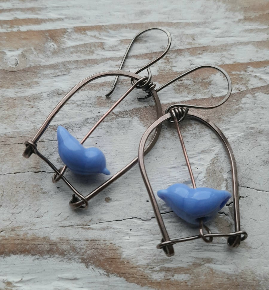 Copper Blue Lampwork Birdcage Earrings