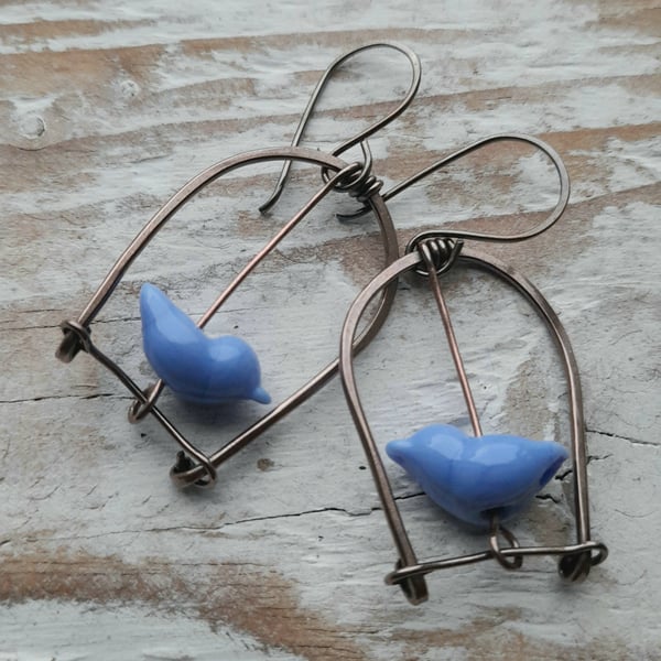 Copper Blue Lampwork Birdcage Earrings