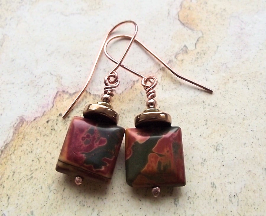 Square green Picasso jasper earrings copper haematite autumn