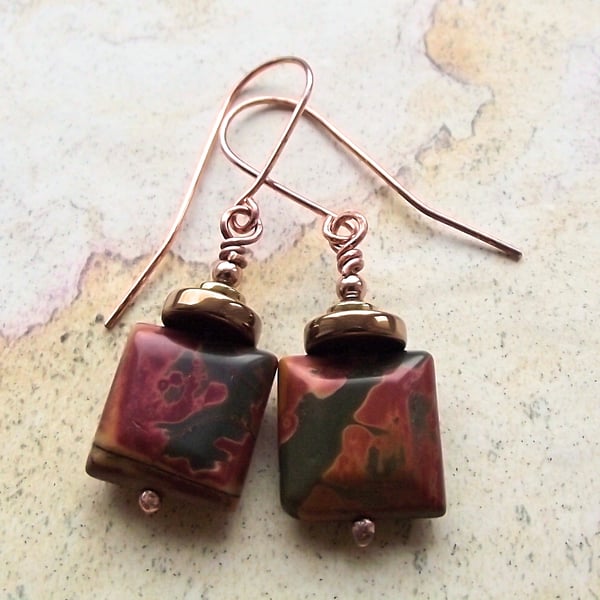 Square green Picasso jasper earrings copper haematite autumn