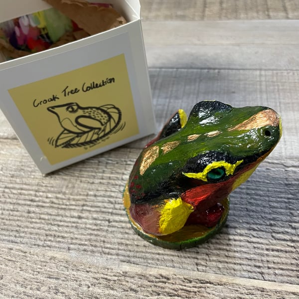 Sculpture Handmade Clay Olive Burgundy Yellow Frog Original Art
