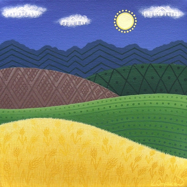 Art of countryside scene with Ukrainian patterns, cultivation landscape