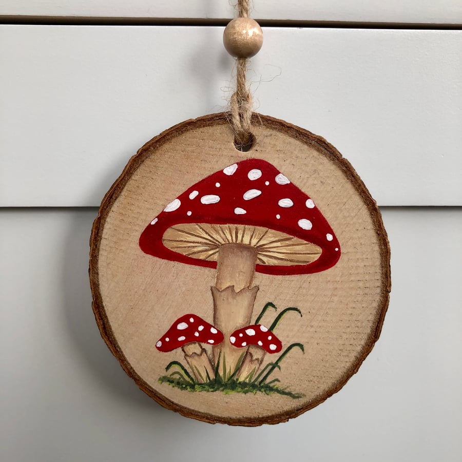 Toadstool hand painted wood slice hanging decoration