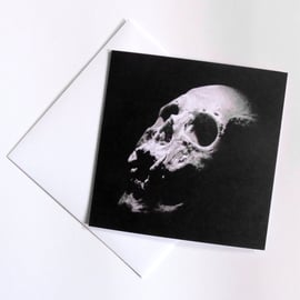 Realistic human skull card, memento mori art card