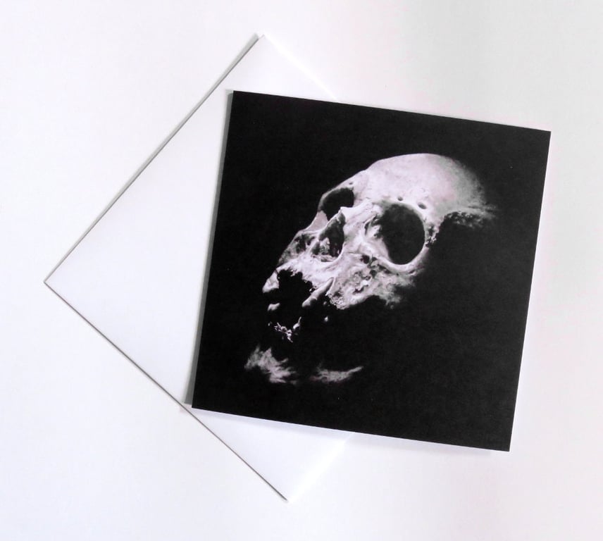 Realistic human skull card, memento mori art card