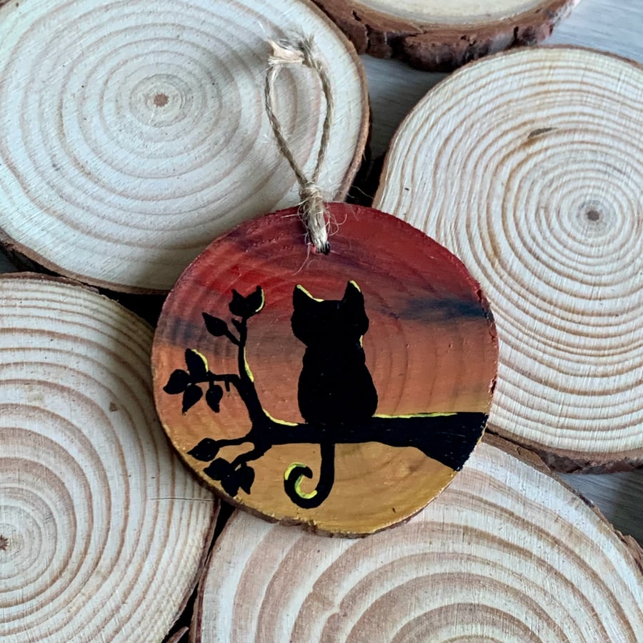 Sunset cat acrylic painting wood slice 