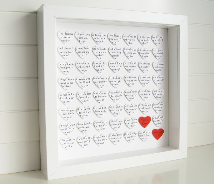 Personalised Hearts Frame - Wedding Engagement Anniversary Gift - Song Words
