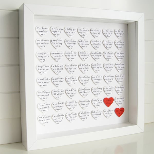 Personalised Hearts Frame - Wedding Engagement Anniversary Gift - Song Words